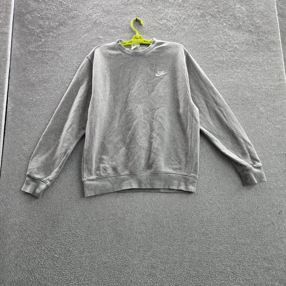Nike Men Sweatshirt Medium Gray Swoosh Logo Spellout Embroidered Fleece Pullover